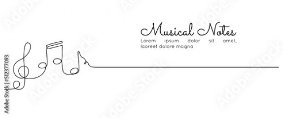 One continuous line drawing of musical notes. Minimalist web banner and logo of music school or choir concert in simple linear style. Editable stroke. Doodle vector illustration