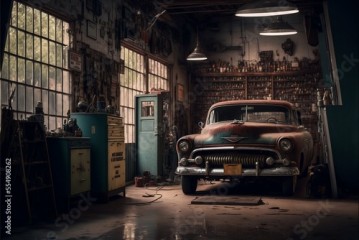 old garage with a rusty car (AI generated)