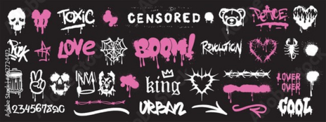 Street graffiti spray icon set, tattoo hip-hop fashion print, vector urban typography freehand kit. Splatter grunge effect sticker, gothic heart artwork silhouette, scorpion lettering. Street graffiti