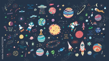 Space funny cosmos objects vector illustartions set.