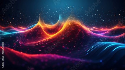 Abstract Waving Particle Technology Background Design. Hi-tech futuristic techno background, neon shapes and dots.