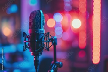 Studio microphone and room with neon lights in the background, podcast and entertainment concept. Generative AI