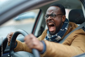 Emotional man feeling extremely furious while driving near crazy dangerous driver