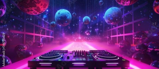 Group happy people in DJ night club party with projector neon illumination effect. AI generated