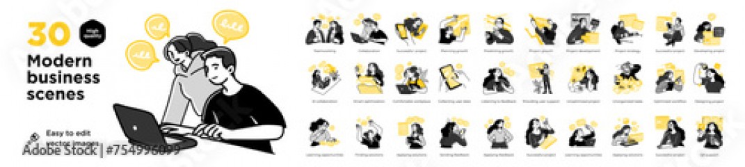 Business Concept illustrations. Mega set. Collection of scenes with men and women taking part in business activities. Vector illustration