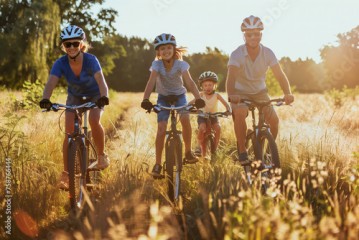 Family on a bicycle tour in the countryside (A.I.-generated)