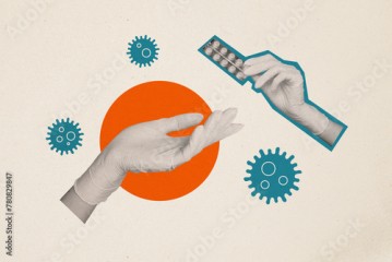 Artwork image trend sketch composite 3d collage photo of silhouette black white doctor hand hold vitamin pills passing them another hand in glove virus strain fly