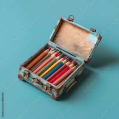 old suitcase with colored pencils