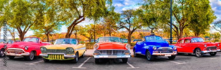 Colorful group of classic cars in Old Havana, an iconic sight in Cuba