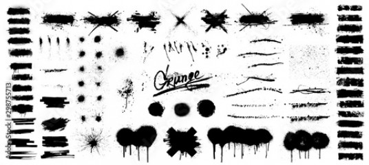 Very Nice collection of black paint, great elaboration, spray graffiti stencil template ink brush strokes, brushes, lines. Vector paint splatter blotches Round grunge design elements. Isolated set