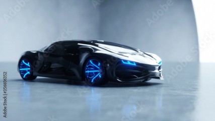 black futuristic electric car with blue light. Concept of future. 3d rendering.