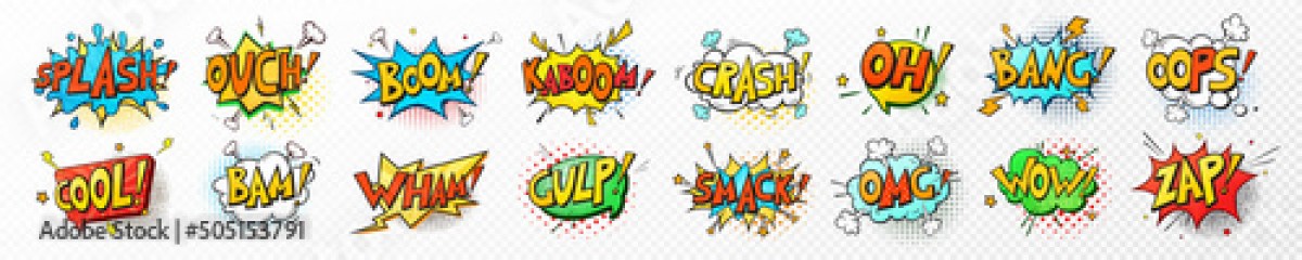 Vector set comic speech bubbles, book sound effects. Pop art messages different shapes, emotions. Comics font label tag expression, fun book balloon. Cartoon explosion cloud phrase on white background