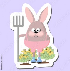 Cheerful funny rabbit with flowers and pitchfork. Spring mood bunny gardener. spring sticker.