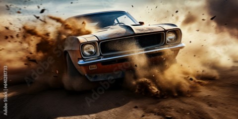 Muscle car driven in the dirt road. Generative Ai