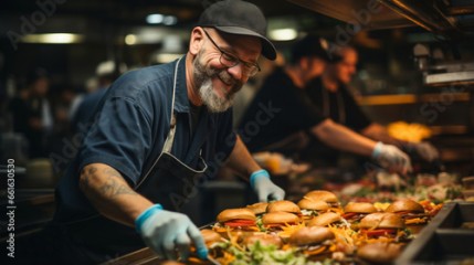  Fast food restaurant worker cooking hamburgers in the restaurant's kitchen. Middle-aged man with tattoos and gray hair working happily in a junk food restaurant. Person cooking hamburgers. Copy space