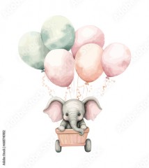 Cartoon elephant on a scooter and balloons in 3d style. Isolated vector illustration