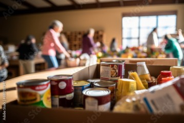 Mature man working as volunteer at community center and arranging donated food and water in boxes