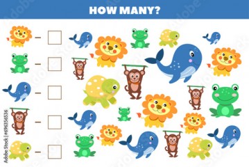 How many animals are there in the picture. Count the number of animals. Math game for children. Puzzle, educational game for children.