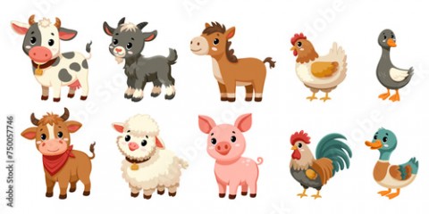 Set of cute funny farm animals isolated on white background. Collection of happy little animals. Flat vector illustration. Goat, bull, cow, duck, goose, hen, horse, pig, rooster, sheep. 