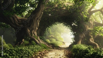 Mysterious forest. Fantasy landscape with path and sunbeams,beautiful large landscape filled with hills sparse forest,Beautiful green forest with a path in the middle.