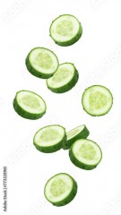 Falling cucumber slice isolated on white background, full depth of field