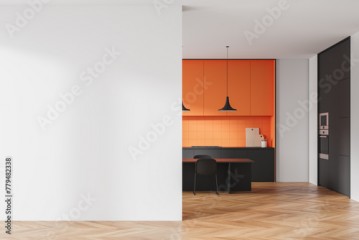 Colored home kitchen interior with dinner table and chairs, mockup wall