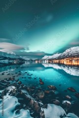 Spectacular Aurora Borealis Over Snow-Capped Mountains And Reflective Lake At Night