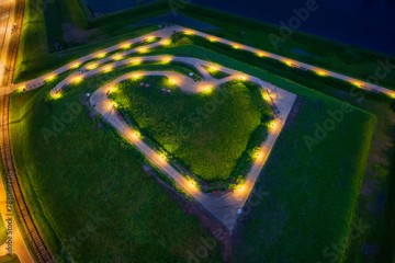 Bison bastion, 17th-century fortifications of Gdańsk illuminated at night in the heart shape. Poland