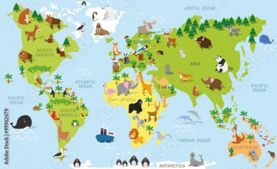 Funny cartoon world map with traditional animals of all the continents and oceans. Vector illustration for preschool education and kids design