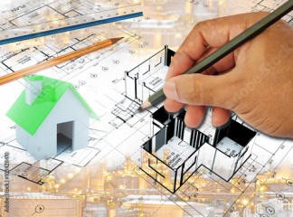 Multi exposure of Hand drawing Home plot plan with industrial plant background