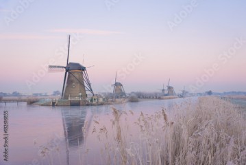 Windmills in the Netherlands in the soft sunrise light in winter