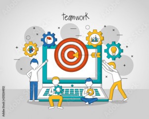 teamwork concept computer with dart game colors gears boys sitting vector illustration