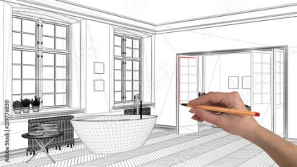 Interior design project concept, hand drawing custom architecture, black and white ink sketch, blueprint showing classic bathroom with bathtub