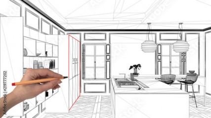 Interior design project concept, hand drawing custom architecture, black and white ink sketch, blueprint showing modern kitchen with island