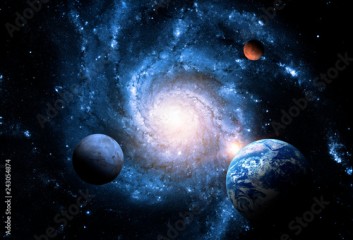 Planets of the solar system against the background of a spiral galaxy in space. Elements of this image furnished by NASA.