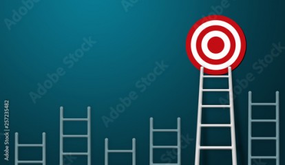 Stand out from the crowd and think different creative idea concepts. Longest white ladder and aiming high to goal target