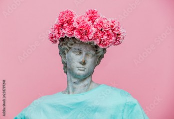 Antique bust of male with carnations bouquet in a hat