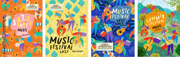 Posters for a summer live music festival or jazz party. Background from vector illustrations of musicians and dancing people.