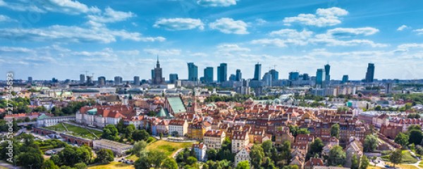 Aerial panorama of Warsaw, Poland over the Vistual river and City center in a distance