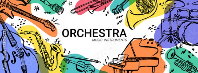 Hand drawn music instruments. Orcestra. Horizontal banner or cover for social media. Ink style vector illustration with watercolor stains on white background.