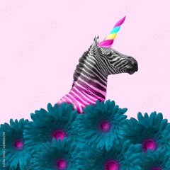 Dreaming about being better. An alternative zebra like a unicorn in blue flowers on pink background. Negative space. Modern design. Contemporary art. Creative conceptual and colorful collage.