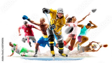 Multi sport collage football boxing soccer voleyball ice hockey running on white background