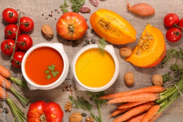 carrot soup and tomato soup with ingredients