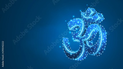 Om sign. Sacral symbol of Hinduism, Buddhism or Vedic tradition. Indian religion concept. Abstract, digital, wireframe, low poly mesh, Raster blue neon 3d illustration. Triangle, line, dot