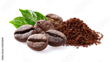 Coffee beans with leaf on white background