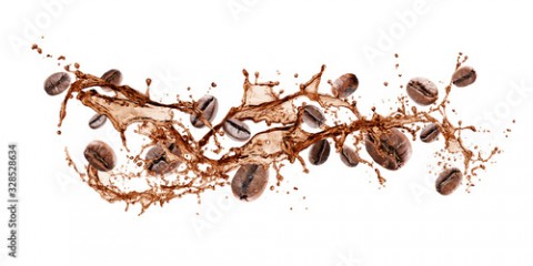 wave of splashing coffee with coffee beans, isolated on white