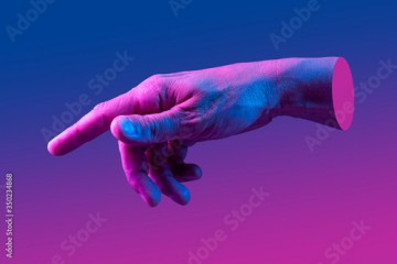 Hand in a pop art collage style in neon bold colors. Modern psychedelic creative element with human palm for posters, banners, wallpaper. Copy space for text. Magazine style template. Zine culture.
