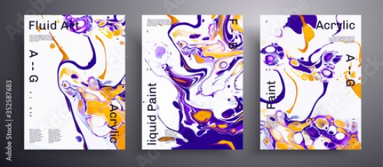 Abstract vector banner, texture pack of fluid art covers. Trendy background that applicable for design cover, poster, brochure and etc. Purple, white and orange unusual creative surface template