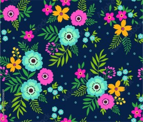 Simple cute pattern in small pink and blue flowers on dark blue background. Liberty style. Ditsy print. Floral seamless background. The elegant the template for fashion prints.