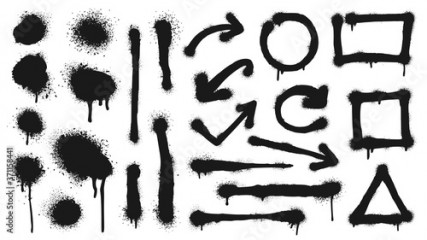 Graffiti spray lines, grunge dots, arrows and frames. Vector graffiti dot dirty, grunge ink black, splash stain and drip illustration